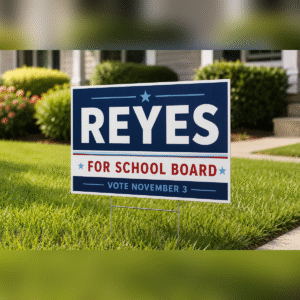 12 × 18 corrugated plastic yard sign for Reyes for School Board displayed on a lawn with an H-stake