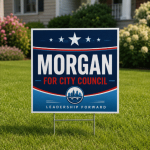 Square 24 × 24 corrugated political yard sign for Morgan for City Council displayed outdoors