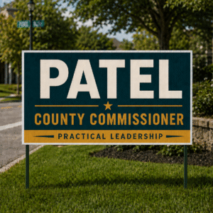 Horizontal 24 × 48 corrugated road sign for Patel County Commissioner mounted on two green T-posts