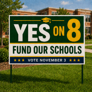 Horizontal 32 × 48 corrugated road sign supporting Yes on 8 and school funding on green T-posts