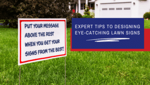 a lawn sign displayed on a lawn in front of a house