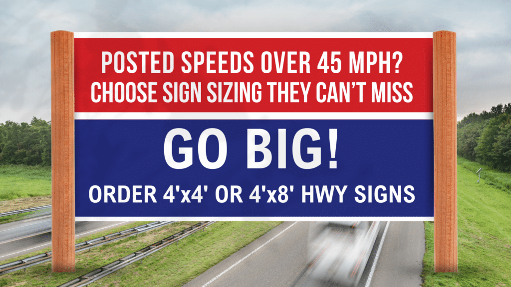 Illustrated example of a 4 foot by 8 foot corrugated highway sign over an image of a busy highway.