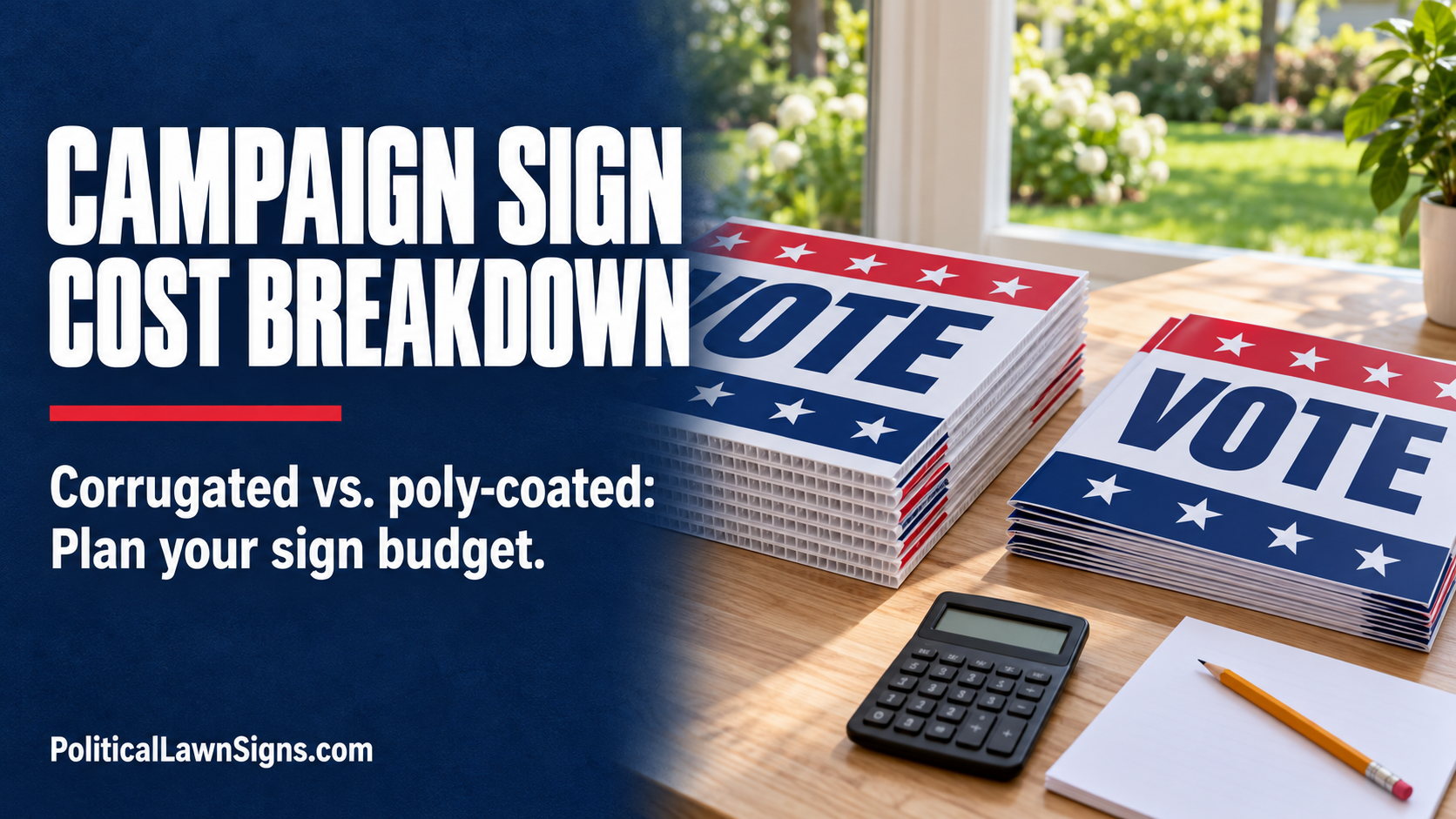 Stacks of corrugated plastic and poly-coated campaign signs beside a calculator and notepad for planning sign costs.