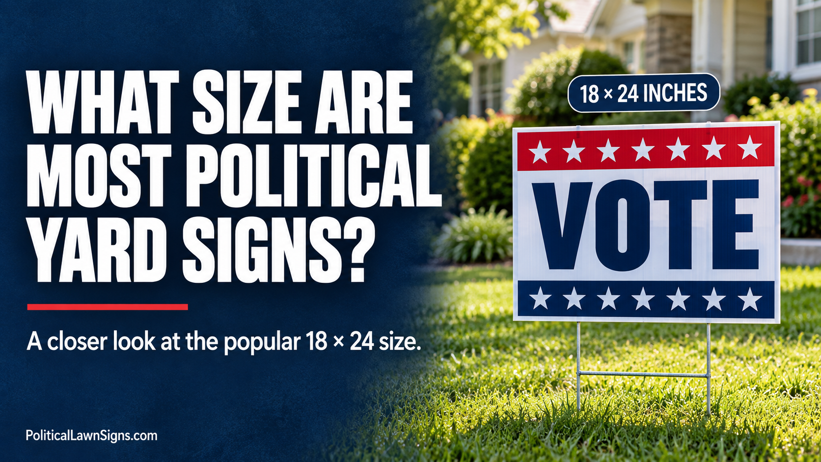 Red, white, and blue Vote sign on a lawn with an “18 × 24 inches” label above it.