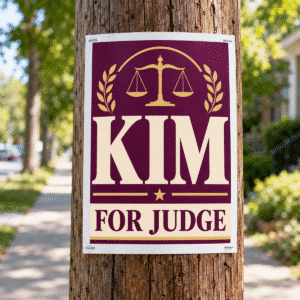 11 × 14 poly-coated Kim for Judge campaign poster securely mounted to a wooden utility pole