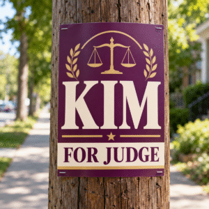 11 × 14 poly-coated Kim for Judge campaign poster securely mounted to a wooden utility pole