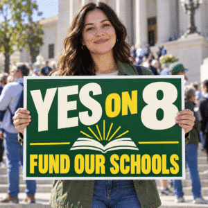14 × 22 poly-coated Yes on 8 school funding rally sign held outside a civic building