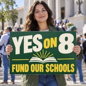 14 × 22 poly-coated Yes on 8 school funding rally sign held outside a civic building