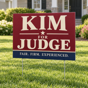 Kim for Judge poly-coated fold-over yard sign displayed on a lawn with a U-shaped wire holder