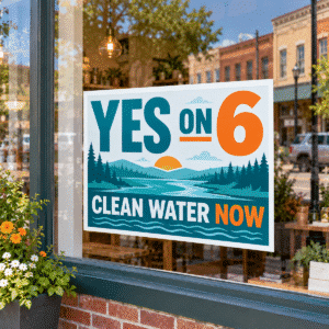 28 × 22 poly-coated Yes on 6 Clean Water Now poster displayed in a storefront window