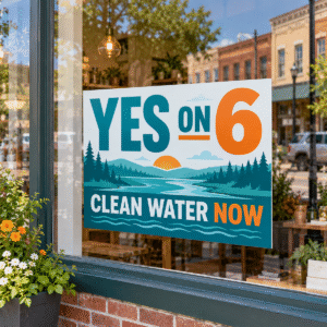 28 × 22 poly-coated Yes on 6 Clean Water Now poster displayed in a storefront window