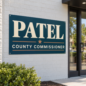 Large Patel County Commissioner poly-coated poster mounted beside a campaign office entrance