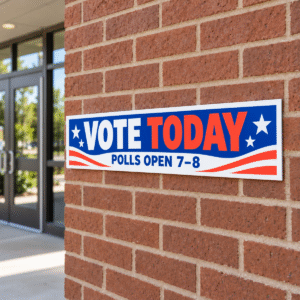 Horizontal 7 × 22 Vote Today poly-coated display sign mounted on a brick building