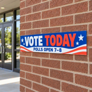 Horizontal 7 × 22 Vote Today poly-coated display sign mounted on a brick building